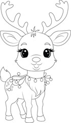 Coloring page a cute reindeer tangled in Christmas lights