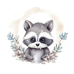 watercolor illustration of a cute little raccoon winter theme, snowflakes around, white background