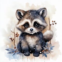 Fototapeta na wymiar watercolor illustration of a cute little raccoon winter theme, snowflakes around, white background