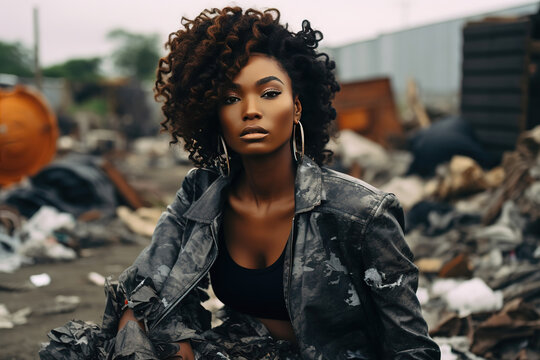 Serious Black Woman Posing In A Third World Country Public Dump Looking At The Camera