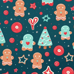 Christmas cookies quirky doodle pattern, background, cartoon, vector, whimsical Illustration