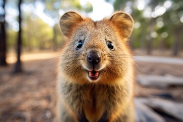 Detailed face shot of quokka with forest backdrop. Wild animal in natural environment. - obrazy, fototapety, plakaty