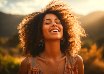 happy young black woman enjoying nature in a field under the sun's rays, concept of calm happiness and freedom