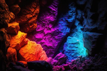 Interior of a cave with multicolored lights and stalactites