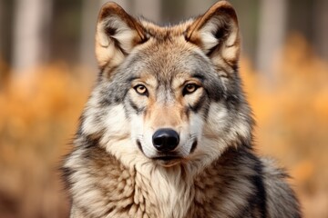 Naklejka na ściany i meble Close-up portrait of wolf with amber eyes, autumnal forest background. Wildlife and nature.