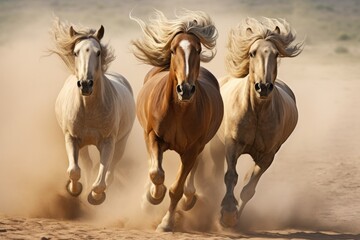 Wild horses galloping in desert terrain, creating dust storm behind. Nature and wilderness. - obrazy, fototapety, plakaty