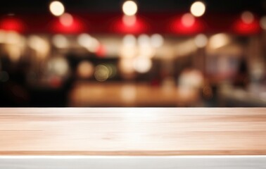 Bar or pub with a blurred background and an empty wooden table. For the purpose of product display. Copy space for text, advertising, message, logo