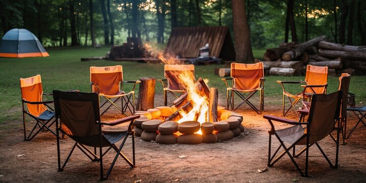 A circle of comfortable camping chairs around a roaring fire, awaiting the campers return, concept of Relaxing atmosphere