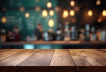 Bar or pub with a blurred background and an empty wooden table. For the purpose of product display. Copy space for text, advertising, message, logo - obrazy, fototapety, plakaty