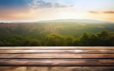 Wooden table against view of the hills in the countryside during sunset background. High quality photo - Powered by Adobe