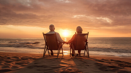 Senior couple sitting in chairs at the beach looking at the sunset from behind.