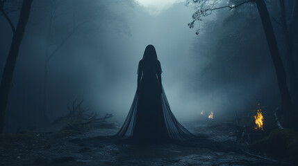 Black witch in the mysterious forest.	
