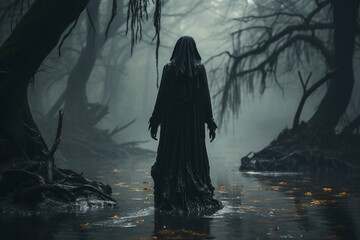 Black witch in the mysterious forest.	
 - obrazy, fototapety, plakaty