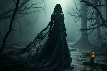 Black witch in the mysterious forest.	
