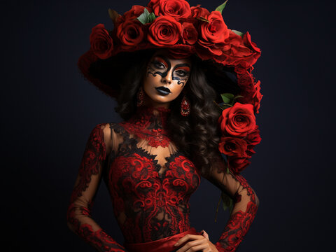 Calavera Catrina, Portrait of a woman with sugar skull makeup over red flowers blossom background.