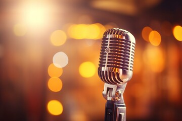 Vintage mic on colorful background with bokeh. Concept banner for karaoke and stand-up comedy. Generative AI
