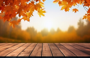 Naklejka na ściany i meble The empty wooden table top with blur background of autumn leaf. High quality photo