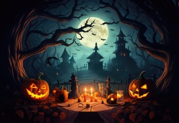 Illustration for Halloween concept. Burning candles in a Halloween pumpkin head jack lantern Spooky Forest in the Spooky Night, with a wooden table and a full moon