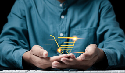 Online shopping, Businessman show cart icon for digital marketing online. Store online E-Commerce.