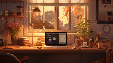A woman sits in her cozy home office, surrounded by warm decor and soft lighting, streaming her content with a welcoming smile. 