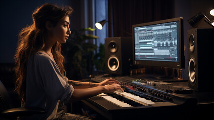 In a home studio with professional equipment, a woman streams her content, showcasing her dedication to high-quality production. 