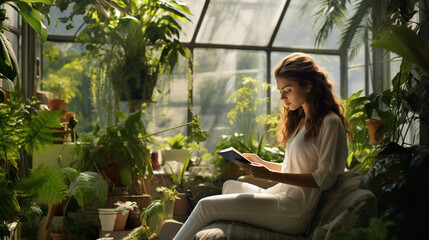 Surrounded by lush plants, a woman streams while sitting in her botanical-inspired home, creating a tranquil and green oasis for her audience.