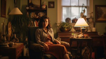 In a home filled with vintage charm, a woman streams from her cozy corner, infusing nostalgia and character into her content. 