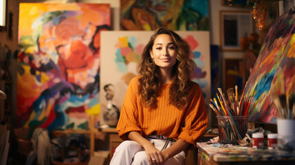 Obraz premium A woman streams from her creative studio, showcasing her vibrant personality and artistic flair through colorful decor and setups. 