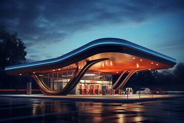 A modern gas station glistens in the twilight, its sleek design and colorful canopy standing out against the evening sky.  - obrazy, fototapety, plakaty