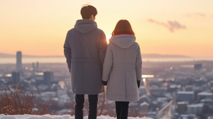 Fototapeta premium Young couple in love on a snowy winter street