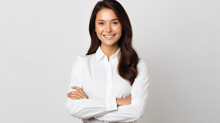 Cheerful brunette business woman student in white button up shirt, smiling confident and cheerful with arms folded, isolated on a white background - obrazy, fototapety, plakaty