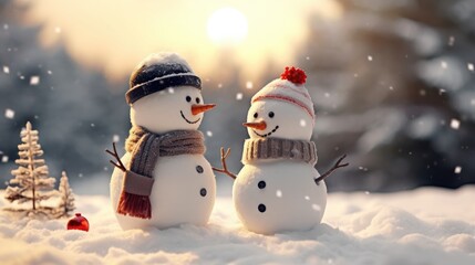 Couple happy snowman standing in winter christmas landscape