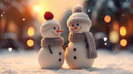Obraz premium Couple happy snowman standing in winter christmas landscape