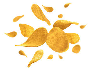 Potato chips fly and levitate in space. Surround light from behind. Selective focus. Isolated on white