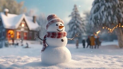 Snowman in winter secenery. Merry christmas and happy new year