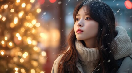Close up portrait of beautiful asian woman in winter sweater. Christmas holidays concept.