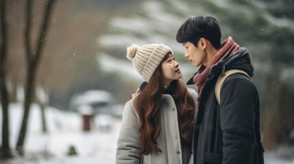 Happy young asian couple looking at each other with winter secenery. 