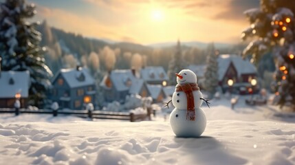 Obraz premium Snowman in winter secenery. Merry christmas and happy new year