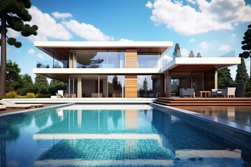 Fototapeta premium Modern minimalist cubic mansion with swimming pool