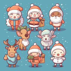christmas and happy new year cartoon characters and elements