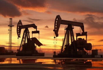 An industrial machine for petroleum, an oil pump, is seen against a sunset.