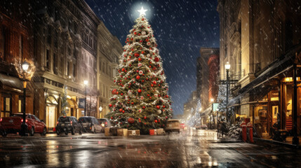 Fototapeta na wymiar Gorgeous beautiful Christmas tree on one of the main streets of a European city. Snowy winter evening.