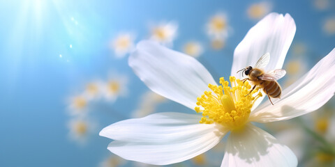 photo of a beautiful white flower and a bee on it under bright sunlight. generative AI