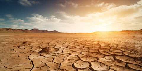 Dry cracked earth background, Drought land against a sunset sky with clouds, generative AI
