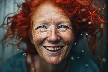 Portrait of senior woman with red hair and wrinkles and freckles on her face