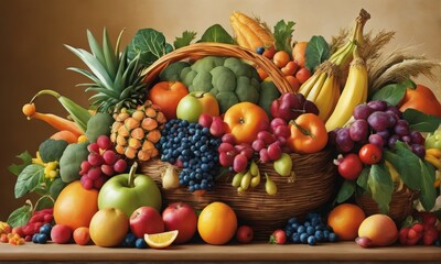 Naklejka na ściany i meble fruits and vegetables on a wooden table. fruits and vegetables on a wooden table. fresh vegetables on wooden table