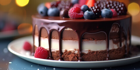 photo of a sweet and delicious cake with cream and chocolate colors sprinkled with fruit topping. generative AI