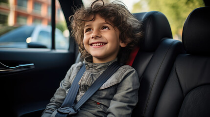 The child is wearing a seat belt, riding in a car.