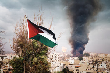 flag of Palestine on the mountain on the background of houses in the city.the war in the Middle...