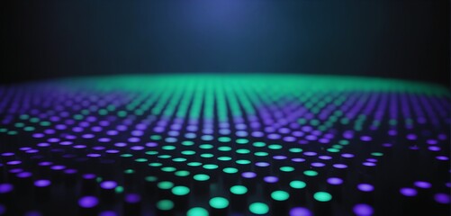 A matrix of blue, green and purple flickering glowing dots in a dark background. Abstract technology background, sound design